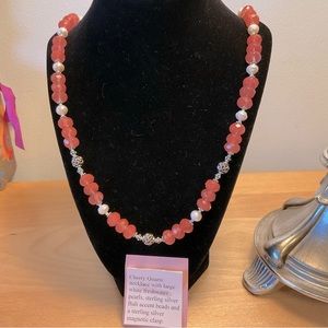 Cherry Quartz, Pearl, and Sterling Silver Necklace